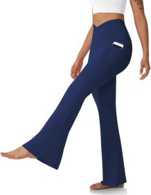 Womens Crossover Flare Leggings with Pockets Bootcut High Waisted Yoga Pants Tummy Control Gym Workout Work Pants (Color: Deep Blue, size: L)